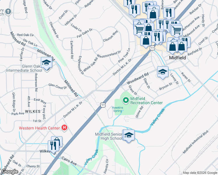 map of restaurants, bars, coffee shops, grocery stores, and more near 513 Woodward Road in Birmingham