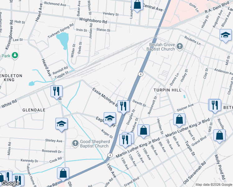 map of restaurants, bars, coffee shops, grocery stores, and more near 1706 Garlington Avenue in Augusta