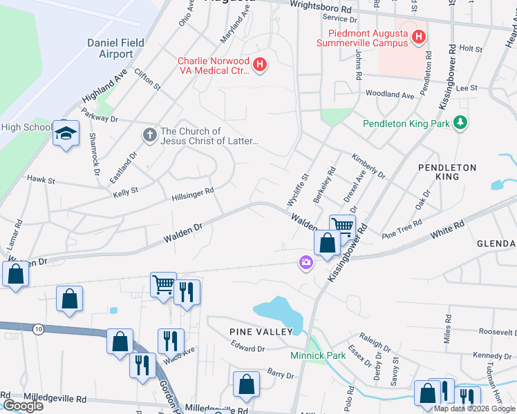 map of restaurants, bars, coffee shops, grocery stores, and more near 2236 Walden Drive in Augusta