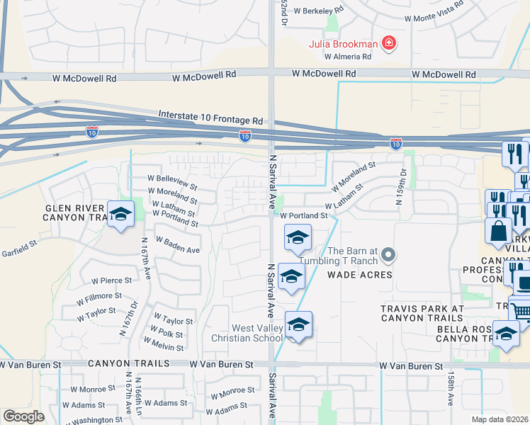 map of restaurants, bars, coffee shops, grocery stores, and more near in Goodyear