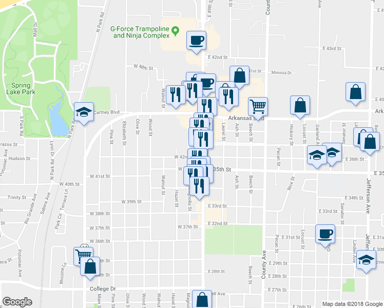 map of restaurants, bars, coffee shops, grocery stores, and more near 4204 Magnolia Street in Texarkana
