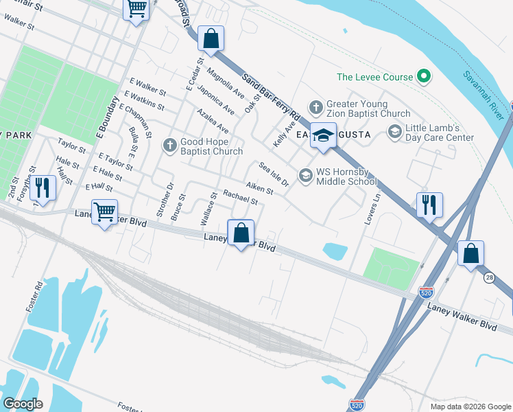 map of restaurants, bars, coffee shops, grocery stores, and more near 1309 Cherry Avenue in Augusta