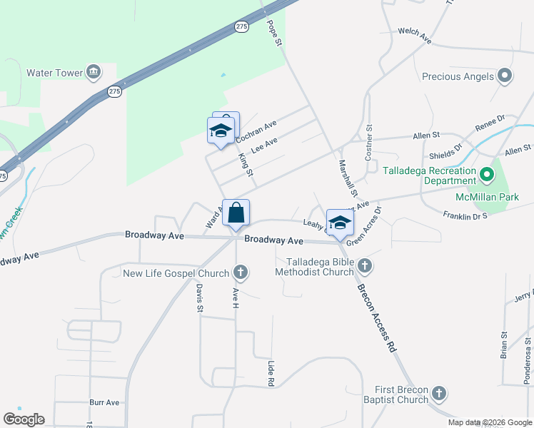 map of restaurants, bars, coffee shops, grocery stores, and more near 537 Leahy Circle in Talladega