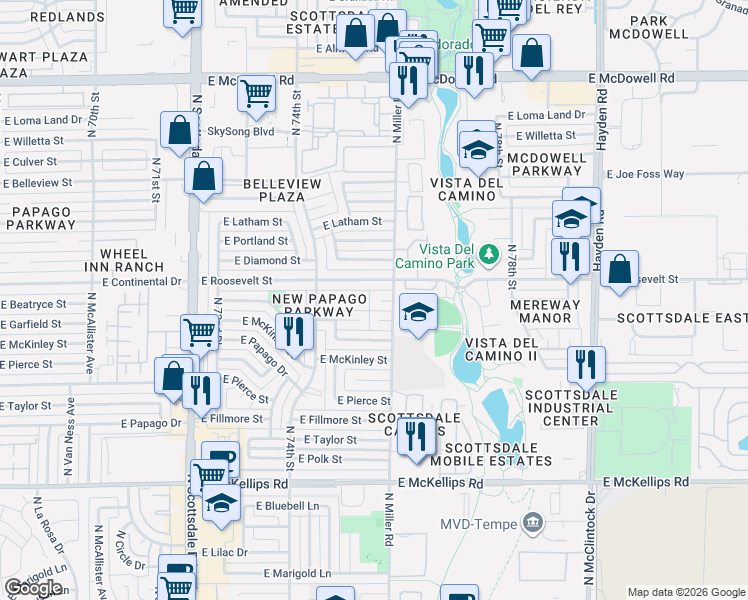 map of restaurants, bars, coffee shops, grocery stores, and more near 7537 East Beatrice Street in Scottsdale