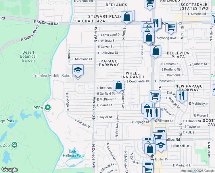 map of restaurants, bars, coffee shops, grocery stores, and more near 351 East Beatryce Street in Tempe