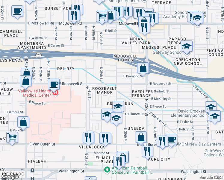 map of restaurants, bars, coffee shops, grocery stores, and more near 2915 East Roosevelt Street in Phoenix