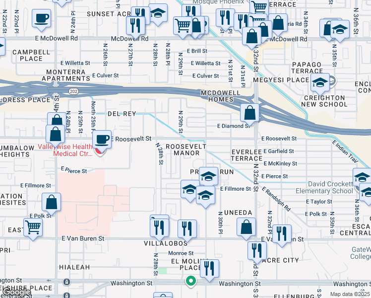 map of restaurants, bars, coffee shops, grocery stores, and more near 2915 East Roosevelt Street in Phoenix