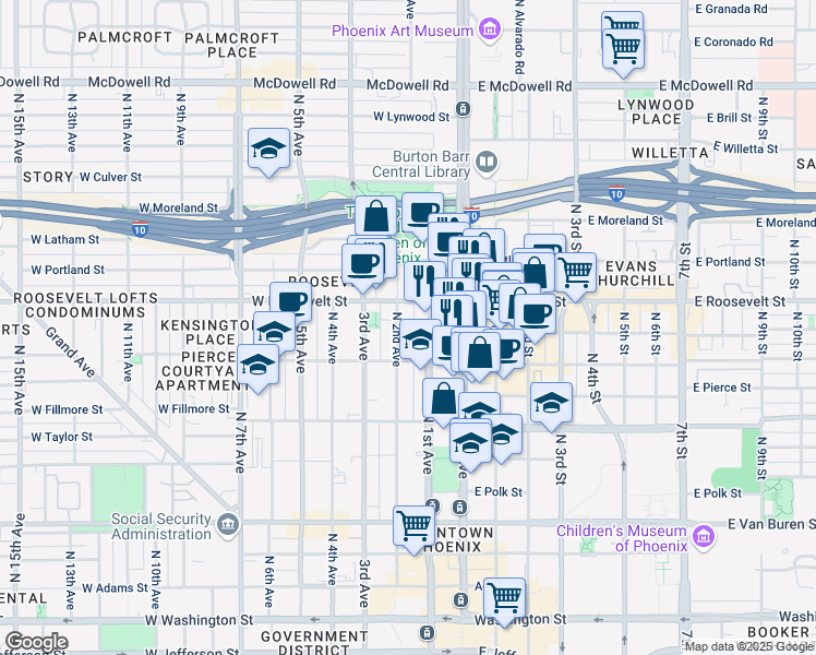 map of restaurants, bars, coffee shops, grocery stores, and more near 822 North 1st Avenue in Phoenix