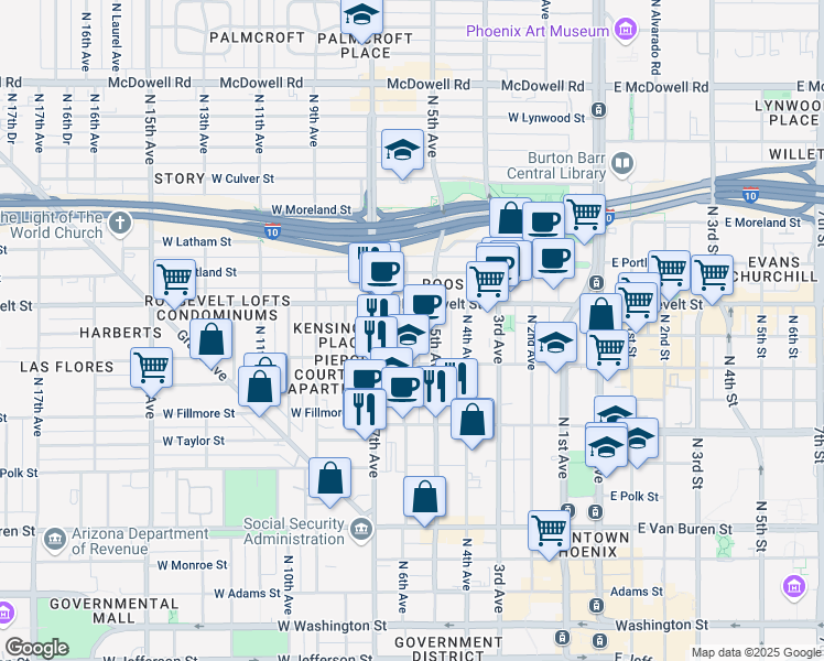 map of restaurants, bars, coffee shops, grocery stores, and more near 822 North 6th Avenue in Phoenix