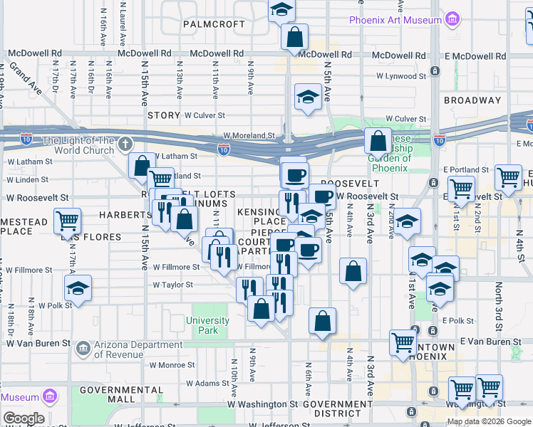 map of restaurants, bars, coffee shops, grocery stores, and more near 813 North 9th Avenue in Phoenix
