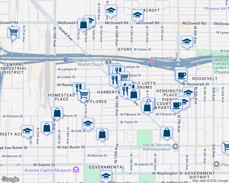 map of restaurants, bars, coffee shops, grocery stores, and more near 1517 West Garfield Street in Phoenix