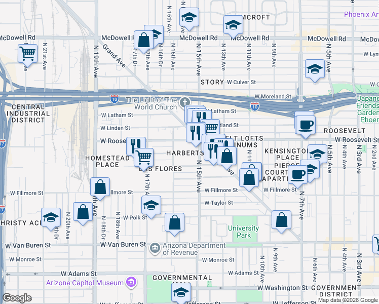 map of restaurants, bars, coffee shops, grocery stores, and more near 1517 West Garfield Street in Phoenix