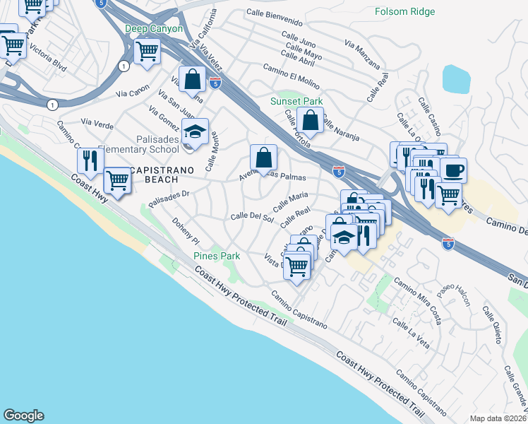 map of restaurants, bars, coffee shops, grocery stores, and more near 26765 Calle Maria in Dana Point