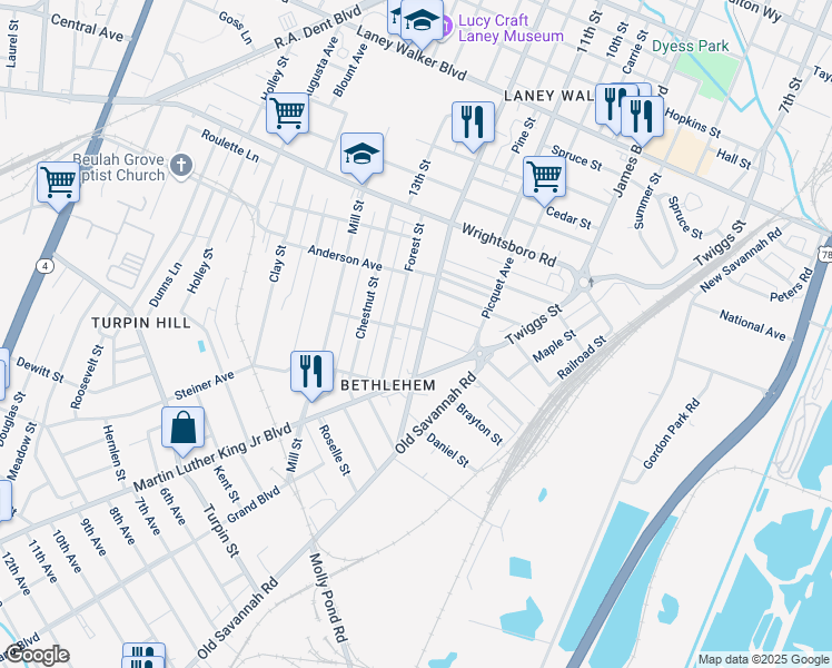 map of restaurants, bars, coffee shops, grocery stores, and more near 1613 12th Street in Augusta
