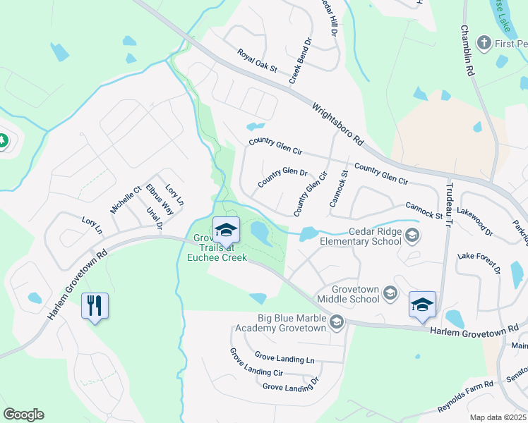 map of restaurants, bars, coffee shops, grocery stores, and more near Euchee Creek Trail in Grovetown