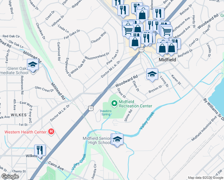 map of restaurants, bars, coffee shops, grocery stores, and more near 400 Breland Drive in Midfield