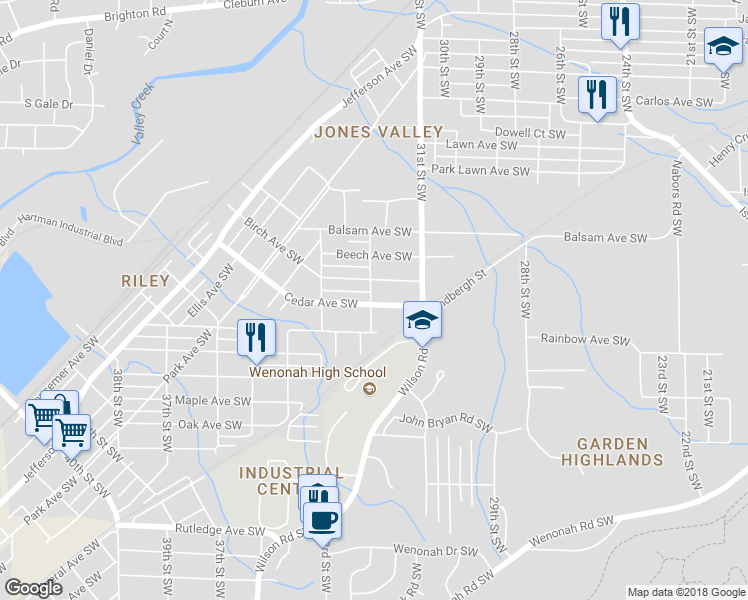 map of restaurants, bars, coffee shops, grocery stores, and more near 3148 Cedar Avenue Southwest in Birmingham