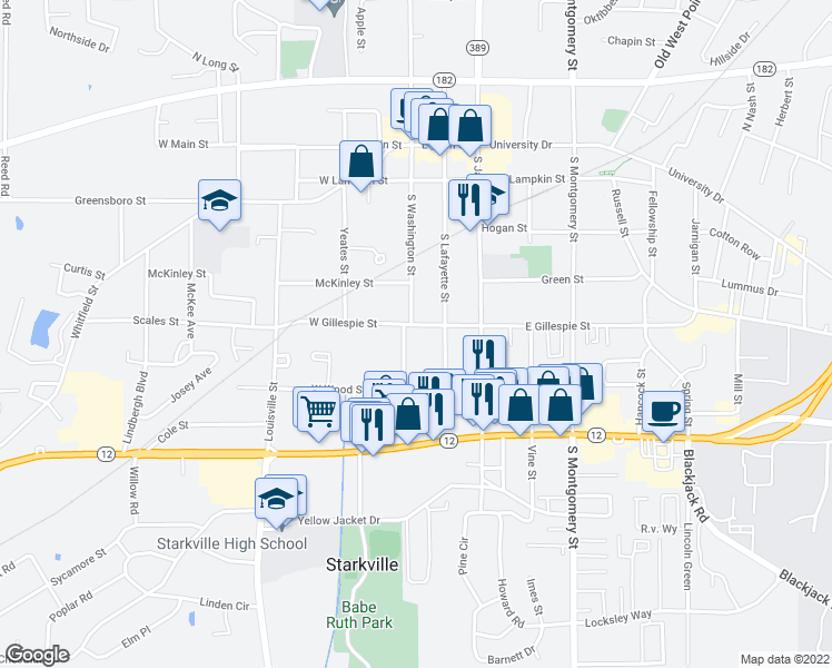 map of restaurants, bars, coffee shops, grocery stores, and more near 112 East Gillespie Street in Starkville
