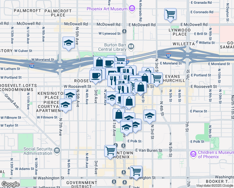 map of restaurants, bars, coffee shops, grocery stores, and more near 822 North 1st Avenue in Phoenix