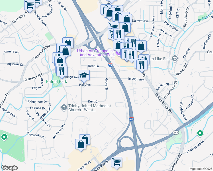 map of restaurants, bars, coffee shops, grocery stores, and more near Grove Street in Birmingham