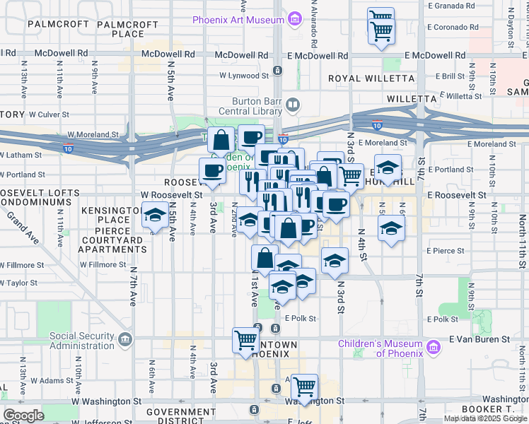 map of restaurants, bars, coffee shops, grocery stores, and more near 829 North 1st Avenue in Phoenix