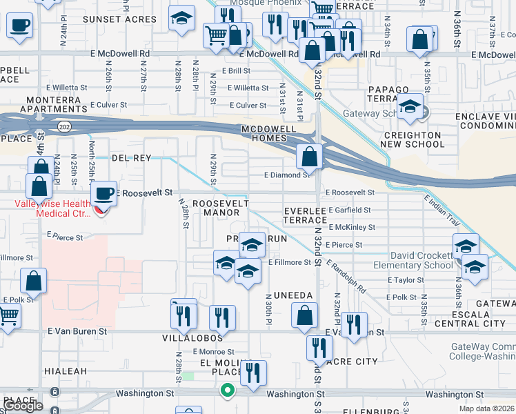 map of restaurants, bars, coffee shops, grocery stores, and more near 3002 East McKinley Street in Phoenix