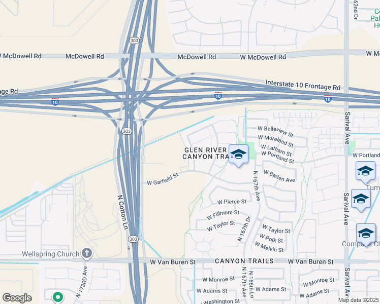 map of restaurants, bars, coffee shops, grocery stores, and more near 16891 West Roosevelt Street in Goodyear
