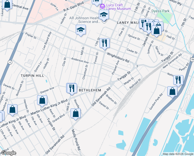 map of restaurants, bars, coffee shops, grocery stores, and more near 1613 12th Street in Augusta
