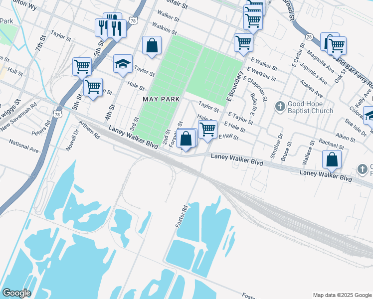 map of restaurants, bars, coffee shops, grocery stores, and more near 848 1st Street in Augusta