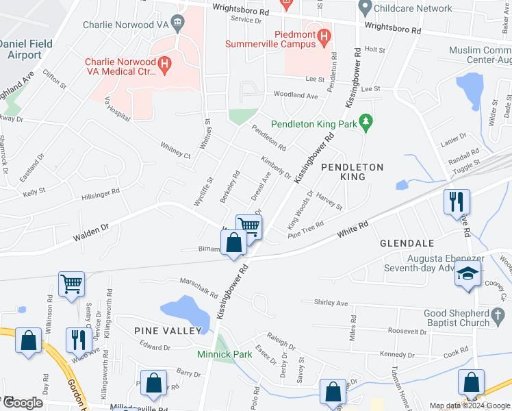 map of restaurants, bars, coffee shops, grocery stores, and more near 1740 Drexel Avenue in Augusta