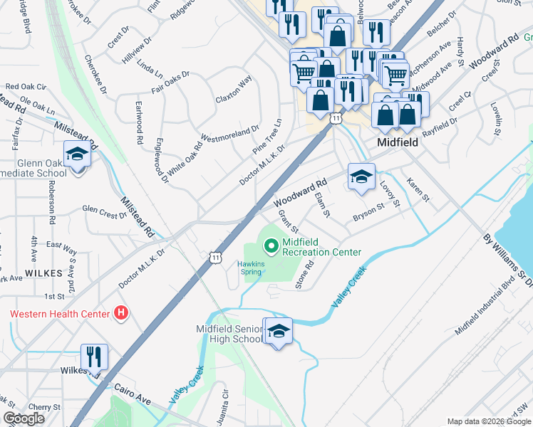 map of restaurants, bars, coffee shops, grocery stores, and more near 400 Breland Drive in Midfield