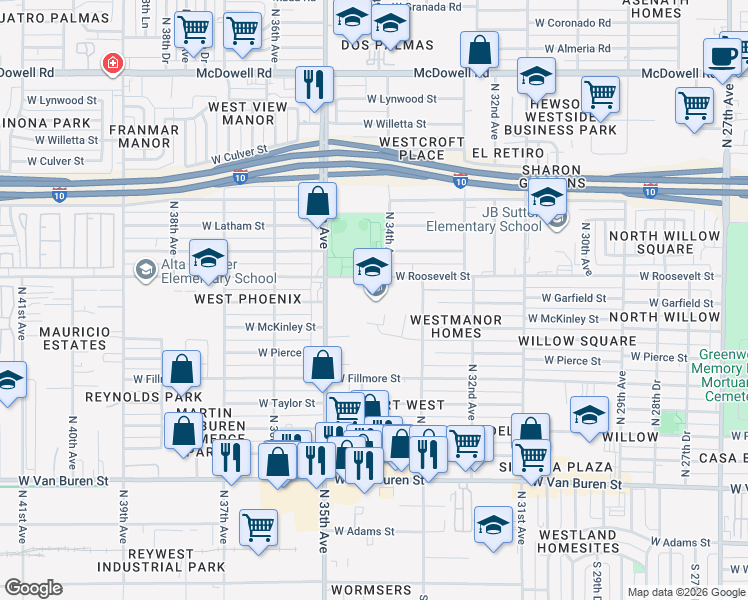 map of restaurants, bars, coffee shops, grocery stores, and more near 3333 West Roosevelt Street in Phoenix