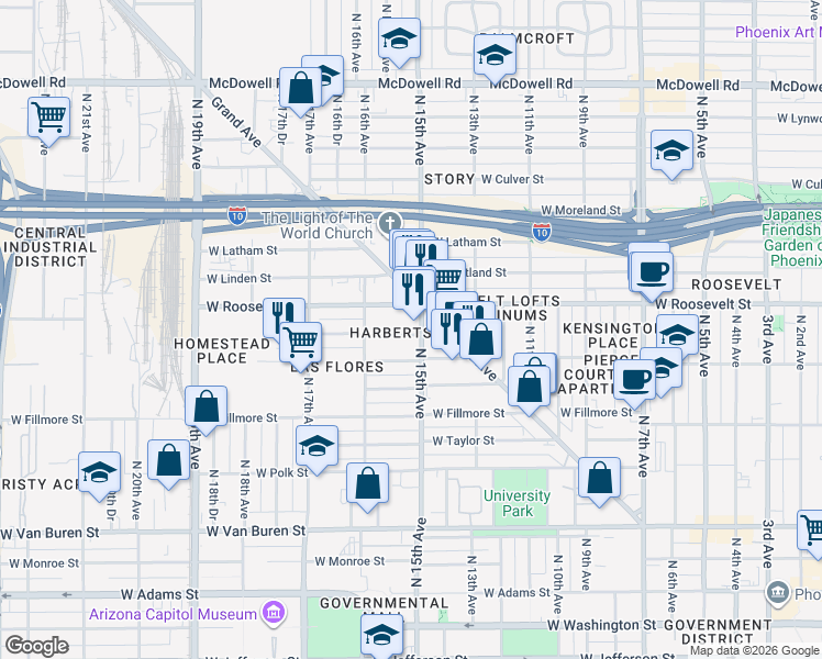 map of restaurants, bars, coffee shops, grocery stores, and more near 1517 West Garfield Street in Phoenix