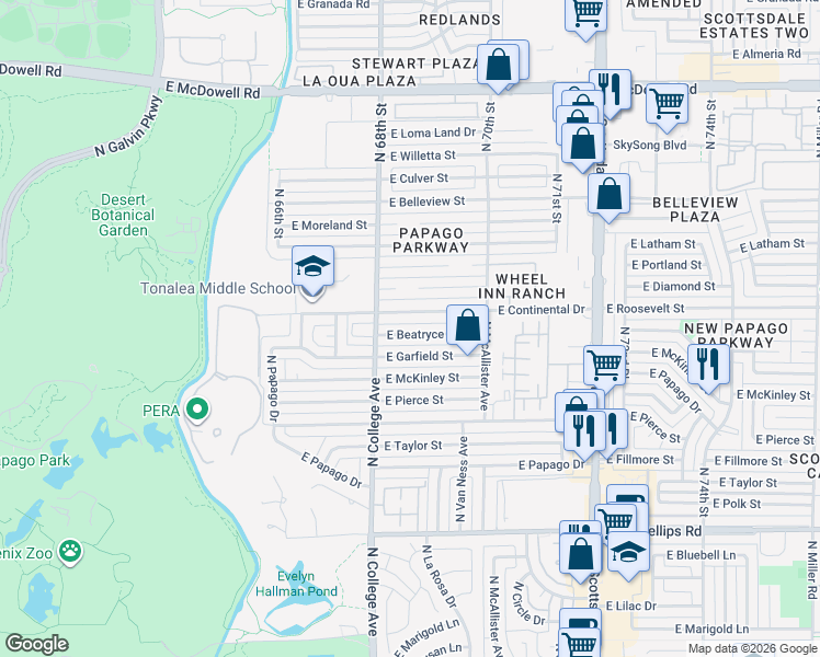 map of restaurants, bars, coffee shops, grocery stores, and more near 351 East Beatryce Street in Tempe
