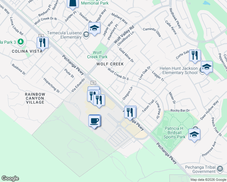 map of restaurants, bars, coffee shops, grocery stores, and more near 46211 Timbermine Lane in Temecula