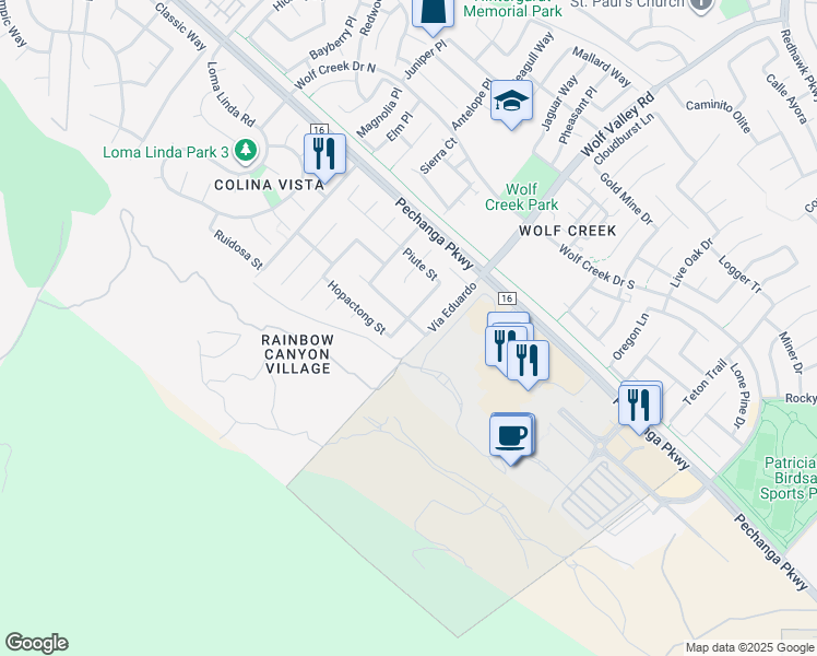 map of restaurants, bars, coffee shops, grocery stores, and more near 31349 Pahuta Street in Temecula