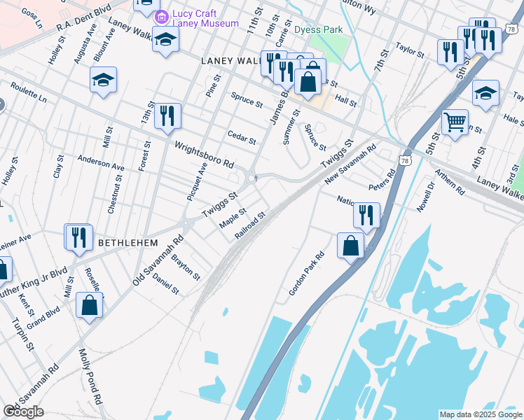 map of restaurants, bars, coffee shops, grocery stores, and more near 1445A Railroad Street in Augusta