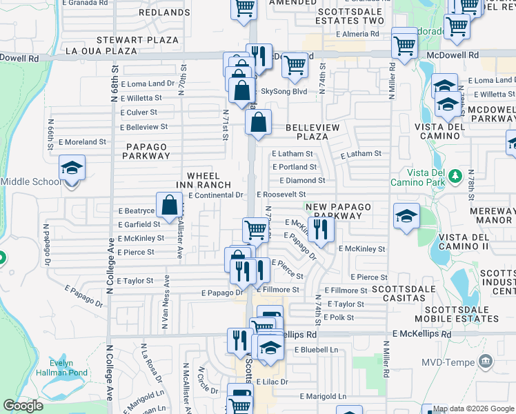 map of restaurants, bars, coffee shops, grocery stores, and more near 902 North 72nd Place in Scottsdale