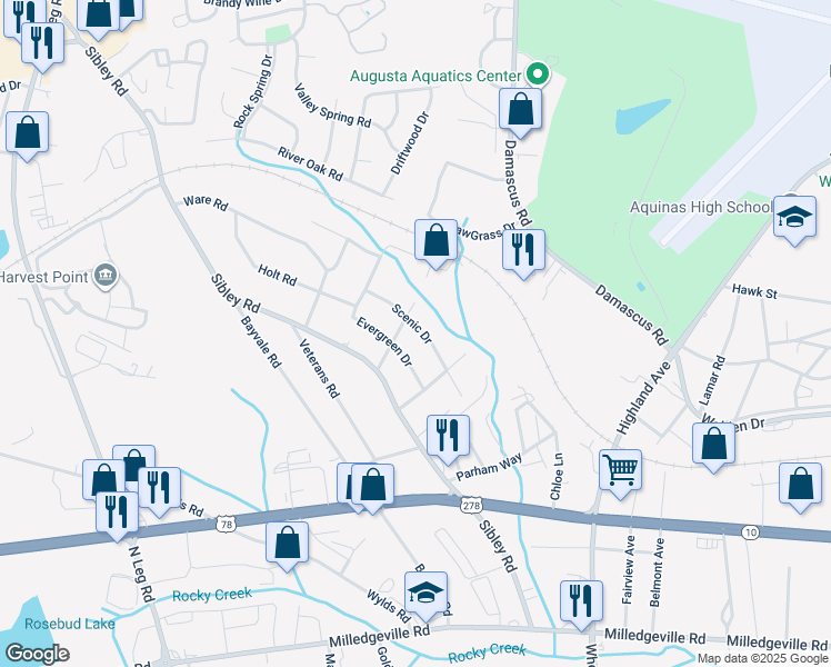 map of restaurants, bars, coffee shops, grocery stores, and more near 3116 Scenic Drive in Augusta