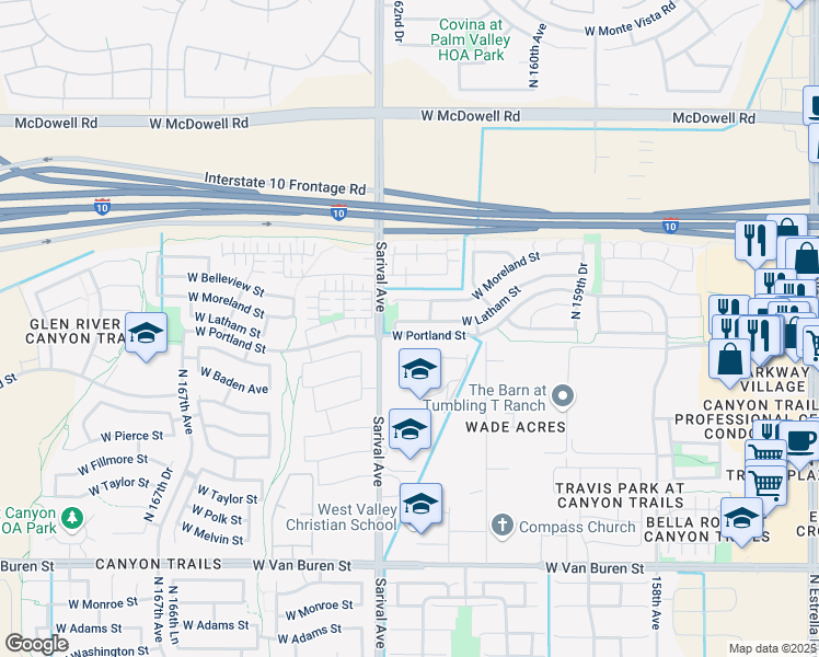 map of restaurants, bars, coffee shops, grocery stores, and more near 16237 West Latham Street in Goodyear