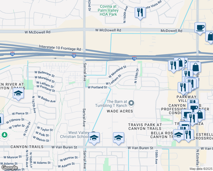map of restaurants, bars, coffee shops, grocery stores, and more near 16129 West Latham Street in Goodyear