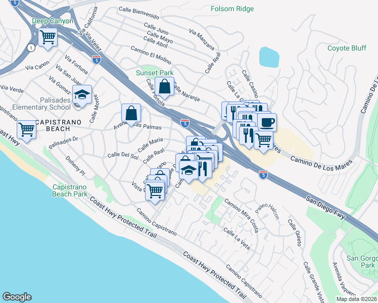 map of restaurants, bars, coffee shops, grocery stores, and more near 27046 Calle Dolores in Dana Point