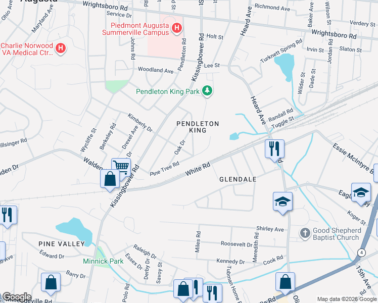 map of restaurants, bars, coffee shops, grocery stores, and more near 1745 Pine Tree Road in Augusta