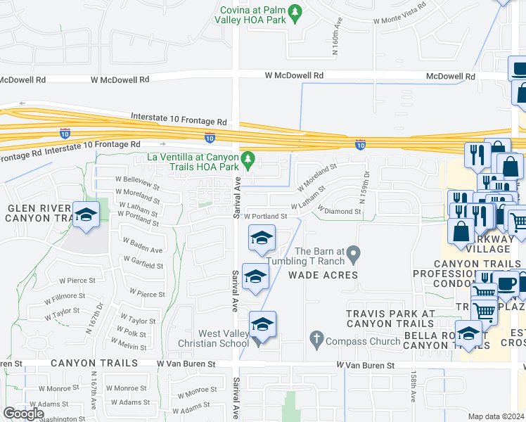 map of restaurants, bars, coffee shops, grocery stores, and more near 16213 West Latham Street in Goodyear