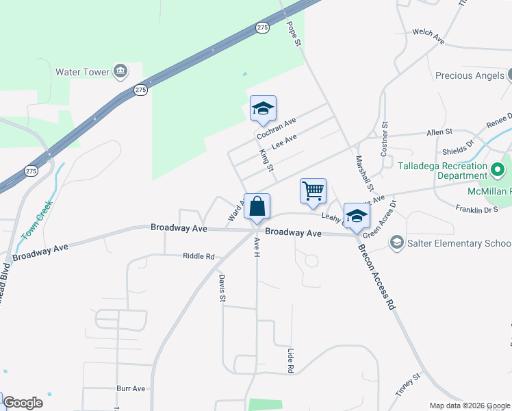 map of restaurants, bars, coffee shops, grocery stores, and more near 511 Leahy Circle in Talladega