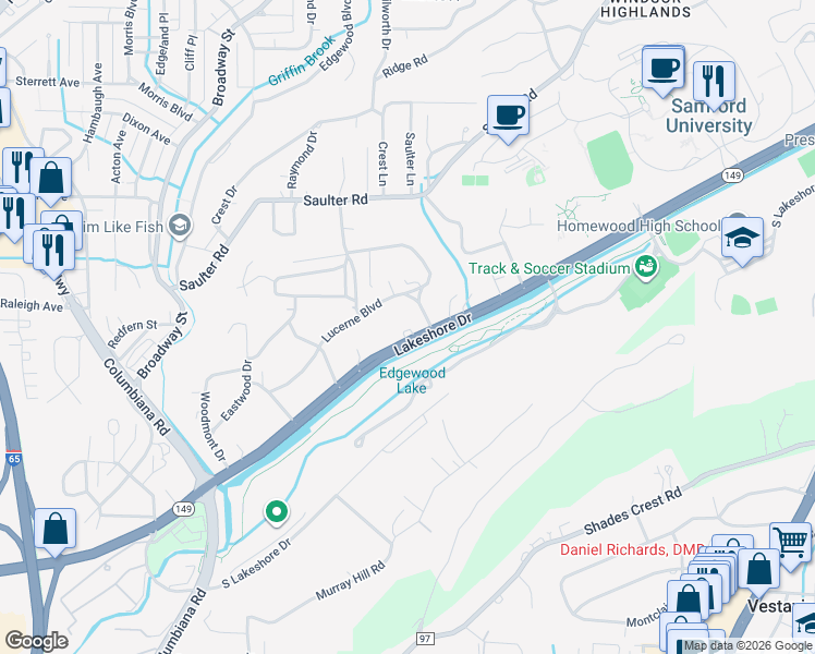 map of restaurants, bars, coffee shops, grocery stores, and more near 222 Lakeshore Drive in Birmingham