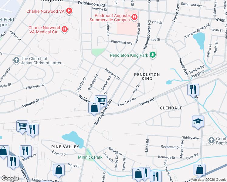 map of restaurants, bars, coffee shops, grocery stores, and more near 1747 Kissingbower Road in Augusta