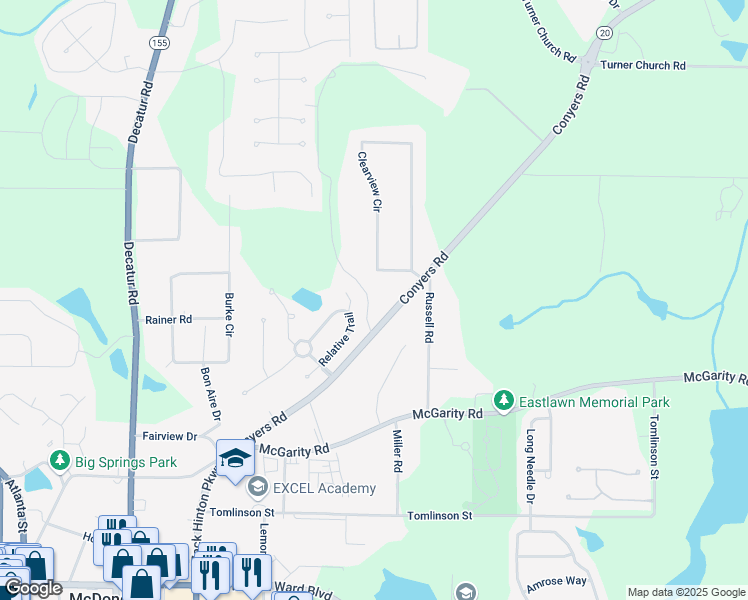 map of restaurants, bars, coffee shops, grocery stores, and more near 42 Parker Drive in McDonough
