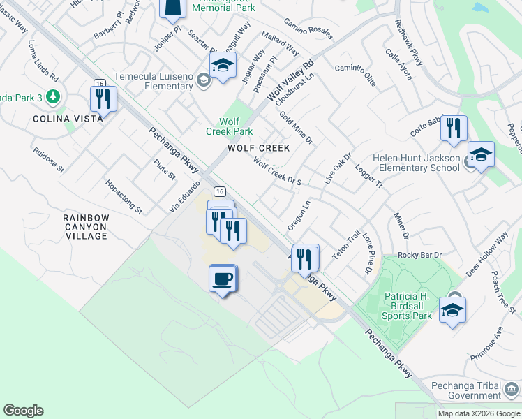 map of restaurants, bars, coffee shops, grocery stores, and more near 46143 Timbermine Lane in Temecula