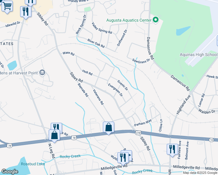 map of restaurants, bars, coffee shops, grocery stores, and more near 2128 Sibley Road in Augusta